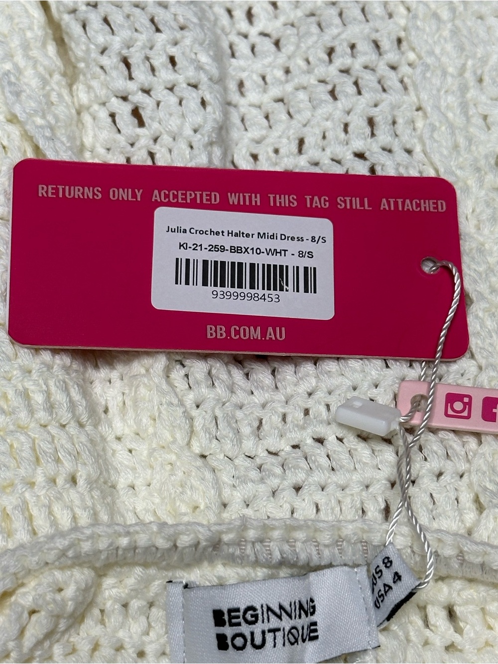 Beginning Boutique White Crochet Halter Maxi Dress with Ring Cutout - Picture 10 of 11